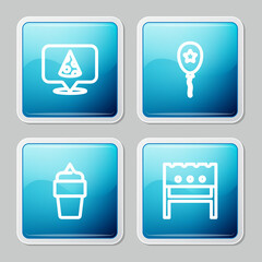 Set line Slice of pizza, Balloon with ribbon, Ice cream in waffle cone and BBQ brazier icon. Vector