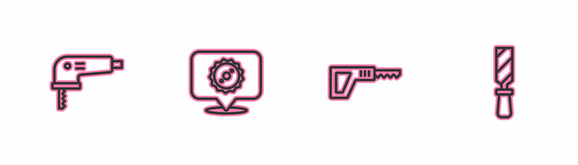 Set line Electric jigsaw, Reciprocating, Circular blade and Rasp metal file icon. Vector