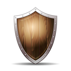 Round wooden shield with steel frame. Vector illustration