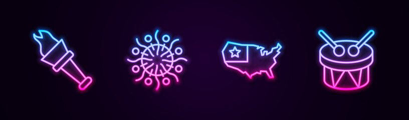 Set line Torch flame, Firework, USA map and Drum and drum sticks. Glowing neon icon. Vector