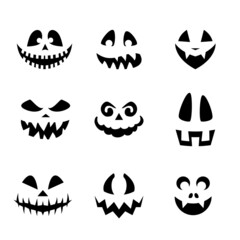 Collection of Halloween Pumpkins Flat Faces Silhouettes. Monochrome Icons Set on White. Template with Variety of Eyes, Teeth, and Noses for Cut out Jack o Lantern
