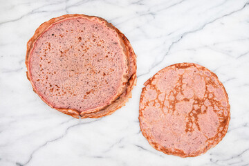 Close-up of pink beetroot pancakes