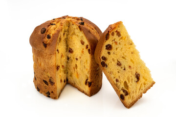 Panettone cake - traditional Italian Christmas cake from Milan , cake with slice isolated on white