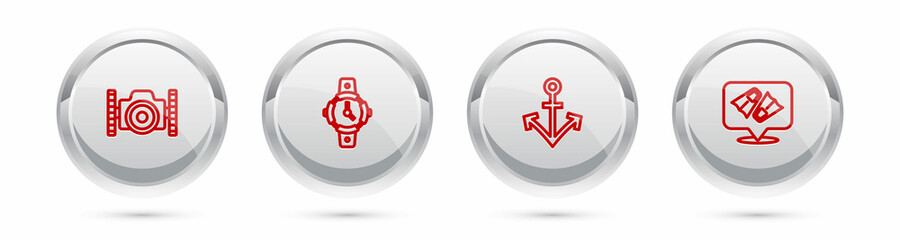 Set line Photo camera for diver, Diving watch, Anchor and Flippers swimming. Silver circle button. Vector