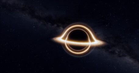 Multiple black hole clips sequence with lensing effect and accretion disk. Stars and galaxy background. Cinematic space rendering for science, technology and science fiction visualizations.