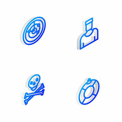 Set Isometric line Sailor captain, Radar with targets, Skull on crossbones and Lifebuoy icon. Vector