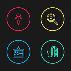 Set line Picture, Electric extension, Frying pan and Spatula icon. Vector