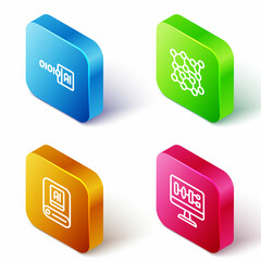 Set Isometric line Binary code, Neural network, Artificial intelligence AI and Algorithm icon. Vector