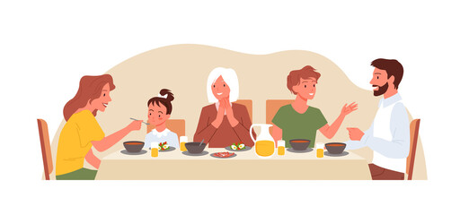 Cartoon mother feeding little daughter, father, son, grandmother sitting at dining table and eating isolated on white. Happy family time concept. Family people eat dinner at home vector illustration