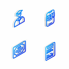 Set Isometric line Foreign language online study, Graduate and graduation cap, Certificate template and Exam sheet icon. Vector