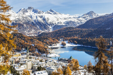 View of St. Moritz, the famouse resort region for winter sport, from the high hill - obrazy, fototapety, plakaty