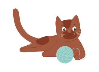 Cat with thread. Pet plays with ball, animal rolls sphere from one side to other. Claw test, fun for mammal. Apartment, room, coziness, comfort, care, house. Cartoon flat vector illustration