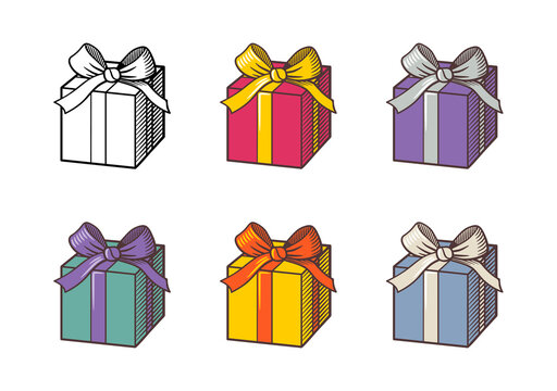 Set of gift boxes with ribbons in different colors. Retro style vector illustration