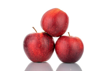 Three juicy red apples, close-up isolated on white.