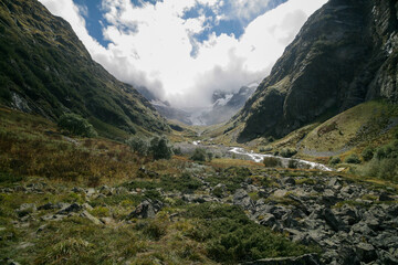 Fototapeta premium View of a mountain valley in the Caucasus Mountains, Dombay, Russia.