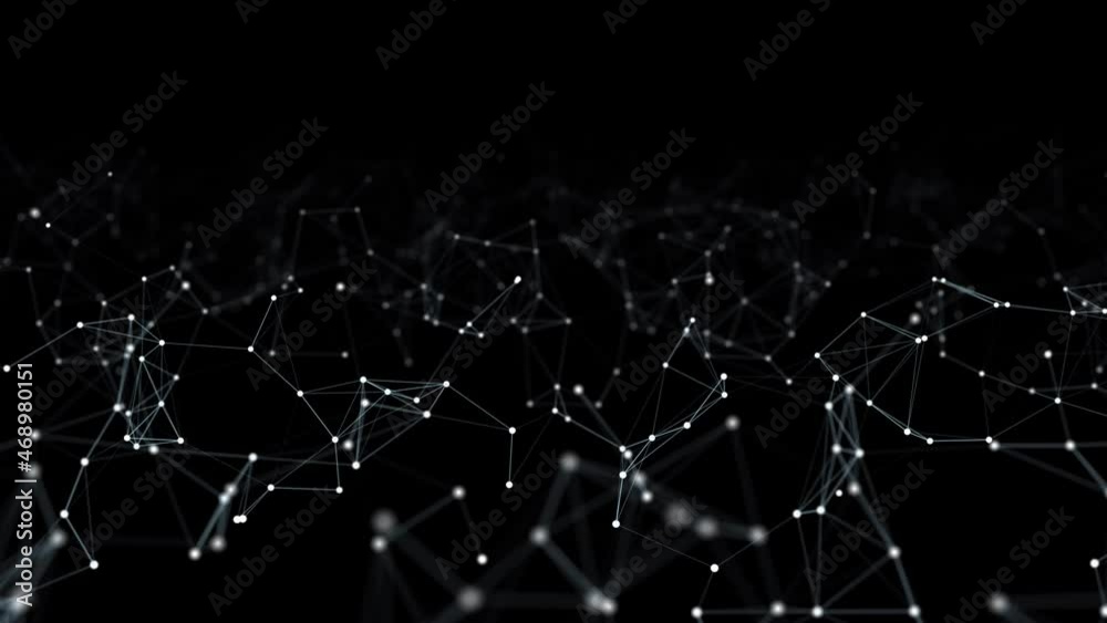 Fototapete Abstract network of moving glowing dots and lines. Network or digital connection. Technology background. 3d rendering. 4K. Seamless loop.