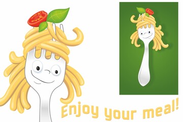 Spaghetti at fork with basil and tomato. Cute character for your design. Enjoy your meal! Pasta. Traditional italian food. Macaroni design. - obrazy, fototapety, plakaty