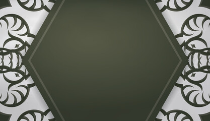 Dark green background with mandala white ornament and a place under the logo