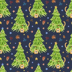 Watercolor Christmas tree with tiger. New Year 2022. Bows, fir cones, stars. Design for wrapping paper, textiles.