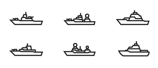 warship line icon set. military ships and naval vessels