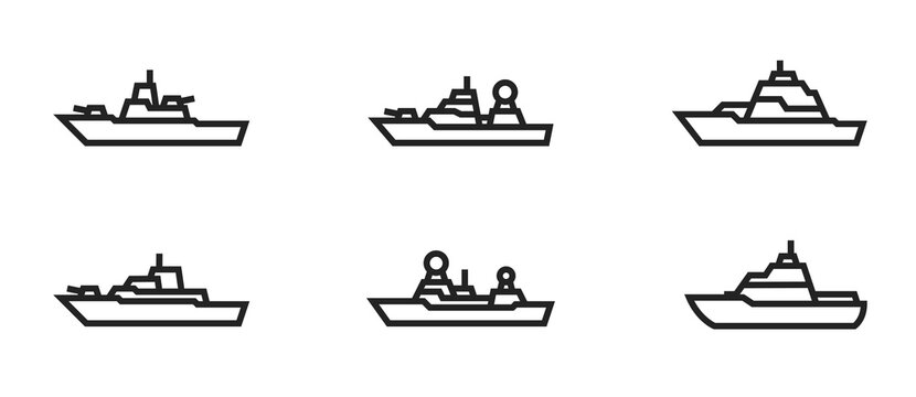 warship line icon set. military ships and naval vessels