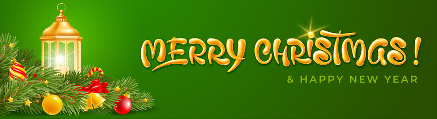 Merry Christmas and Happy New Year greeting banner template. Vintage lantern with candle among fir tree branches and decorations, golden raised lettering on green background. Vector illustration.