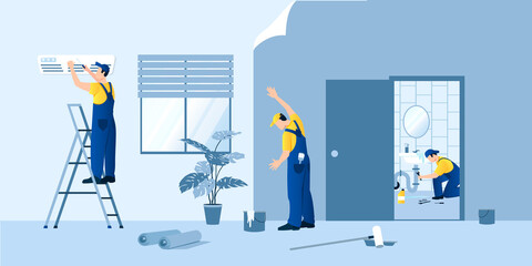 Professional repair team of three workers fix air-conditioner, clogged water pipe in bathroom, glue wallpaper in room. Rolls of wallpaper, roller, bucket of glue on floor. Vector illustration