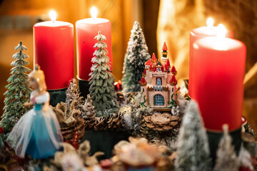 Christmas table composition. Beautiful decoration. Christmas trees, candles, stars, lights and elegant accessories. Merry Christmas and Happy Holidays, Template.
