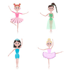 Cute little ballerinas, girls dancing. Love of ballet. Vector illustration, a collection of four characters.