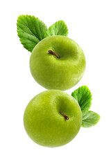 Flying green apple fruit with leaf isolated on white background