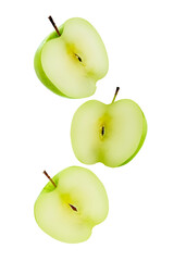 fresh Green apple slices flying on a white backdrop