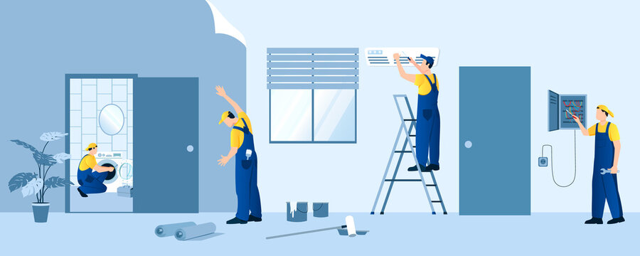  Worker team in yellow t-shirts and blue overalls make repairs in house, apartment. Repairmans fix electricity, washing machine, conditioner, glue wallpaper and paint walls. Vector illustration 