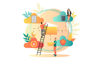 Obraz premium Cloud storage design concept. Internet data exchange technology. Digital information protection service. Different device secure data transmission. Abstract wireless database. Vector illustration