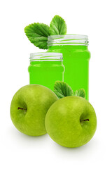 Fresh natural delicious green apple  jam in a glass jar  isolated on white background 