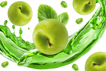 juice splashing on green apple isolated on a white background