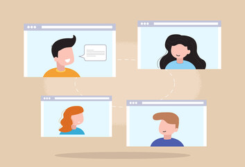 Concept social networking, web, online meetings. Video conference illustration. Group of people talking by internet. Stream, web chatting, online meeting friends.