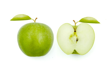 Macro shot of green apple with leaf  isolated on white background