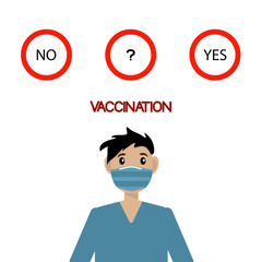 Vaccination vector concept. Black woman making a choice. Flat character with mask desides to vaccinate. Covid vaccine and syringe with cure