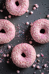 Colorful and tasty pink donuts topped with sprinkles