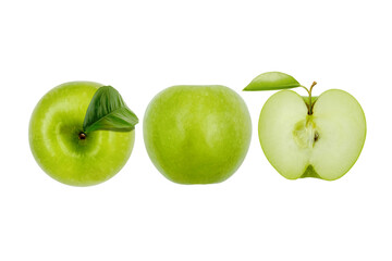 Macro shot of green apple with leaf  isolated on white surface