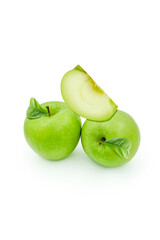 Ripe whole green apple with half and leaf isolated on white surface