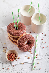 Yummy chocolate donuts as takeaway dessert. Served with milk.