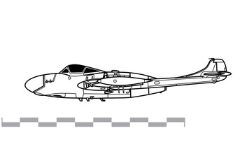 de Havilland Venom NF.3. Vector drawing of early jet night fighter aircraft. Side view. Image for illustration and infographics.