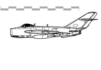 Mikoyan MiG-17 Fresco A. Vector drawing of early jet fighter aircraft. Side view. Image for illustration and infographics.