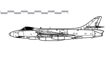 Hawker Hunter F.6. Vector drawing of fighter-bomber aircraft. Side view. Image for illustration and infographics.  - obrazy, fototapety, plakaty