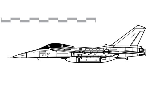 AIDC F-CK-1 Ching-kuo. Vector drawing of multirole tactical fighter. Side view. Image for illustration and infographics. 