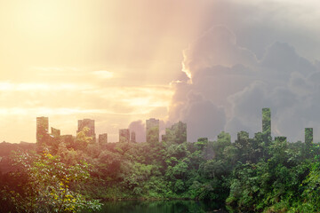Fototapeta premium Double exposure of city with plants and forest. Sustainable and ecological city concept.