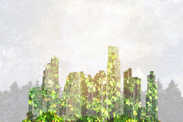 Double exposure of city with plants and forest. Sustainable and ecological city concept.