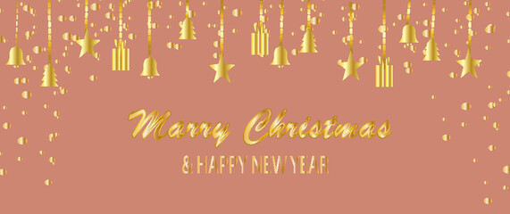 Merry Christmas and New Year 2022 poster. Xmas minimal banner design with trees , stars , bells pattern and text on pink background. Horizontal web header. Vector illustration for greeting card