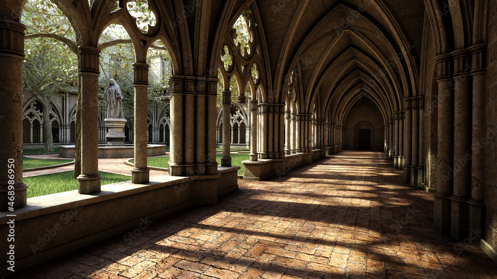 Poster 3d rendering of a gothic medieval cloisters and courtyard.